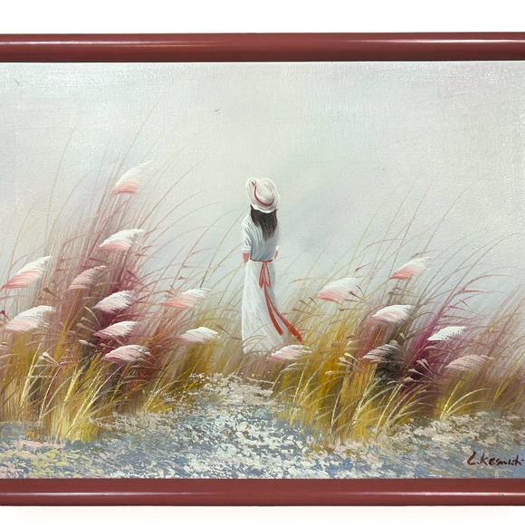 Vintage Original Framed Painting Girl Looking at the Sea Canvas 24x10 - Picture 6 of 10